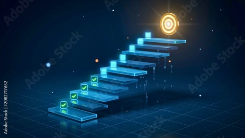 Digital staircase leading to glowing goal, representing progress toward financial success, career growth and achievement strategy