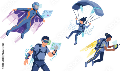 Photos Futuristic extreme sports vector illustration featuring people skydiving wing su