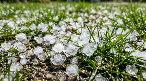 Close up view of hail stones on green lawn with ice pellets covering a green grassy field following a sudden summer hailstorm hailstones precipitation meteorology environment crystals