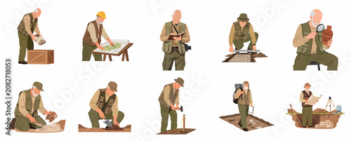 Professional archaeologist character set, elder male scientist conducting archeological excavation, field research and artifacts discovery, flat vector illustrations on white background
