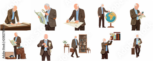 Set of illustrations featuring a senior male explorer and cartographer studying maps, using a globe, and preparing for a journey.
