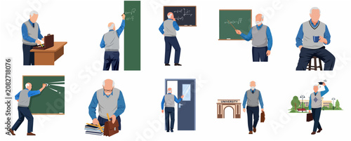 Senior male professor or teacher character set in various academic poses and activities such as teaching at chalkboard, walking to university, and preparing for class, flat vector illustration