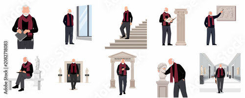 Elderly Man Visiting Art Museum and Gallery Illustration Set, Senior Male Tourist Viewing Sculptures and Historical Exhibits Flat Vector Collection