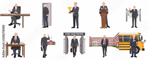 Senior school principal or business manager character set with various poses and professional scenes