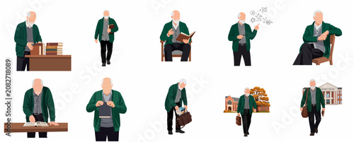 Set of elderly professor or teacher character illustrations in various academic and campus life poses