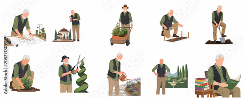 Set of flat vector illustrations of a senior male gardener and landscape designer performing various garden maintenance and planning activities isolated on white background.