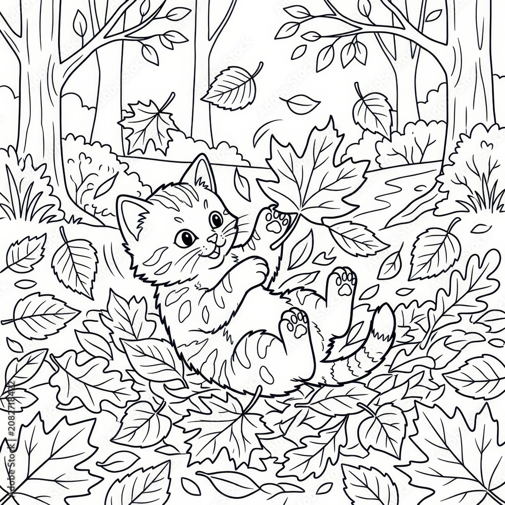 Obraz premium Cute kitten playing in autumn leaves coloring page