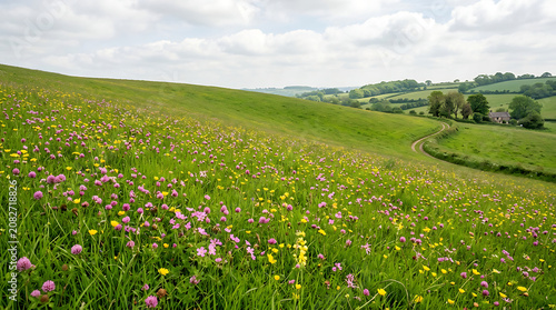 Lush rolling green meadow with abundant wildflowers in rural landscape wildflowers landscape countryside outdoors environment beautiful meadowland
