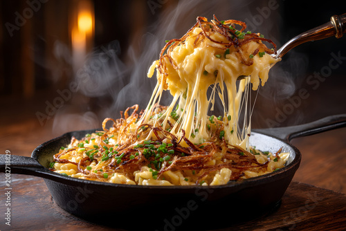 Traditional German Käsespätzle with Melted Cheese and Crispy Onions in Black Cast Iron Skillet