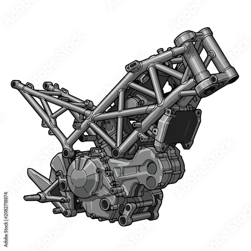 Detailed motorcycle engine and frame structure diagram