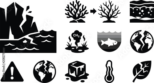 Konstfotografi Global warming climate change disaster icon set with melting glaciers coral blea