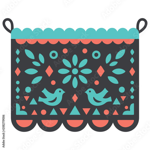 Vibrant turquoise and coral patterned tapestry with birds and flowers on dark background