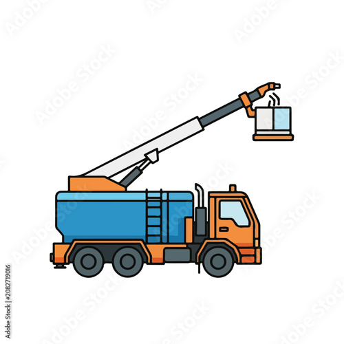 Truck with crane lifting container on white background