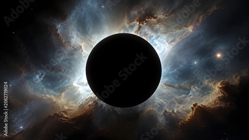 Pitch black dark gas giant planet absorbing all bright light silhouetted against vivid colorful nebula