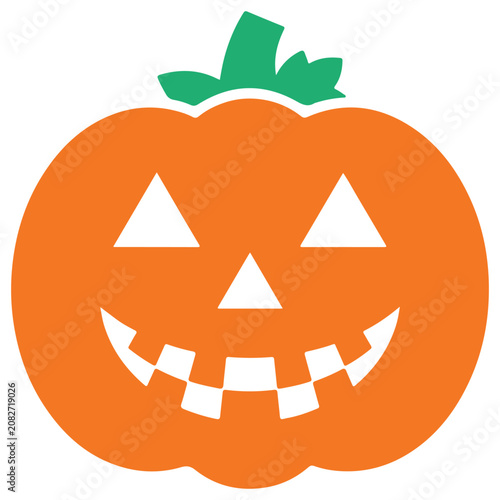 A cheerful orange jack-o-lantern with a green stem on a white background for Halloween celebrations.