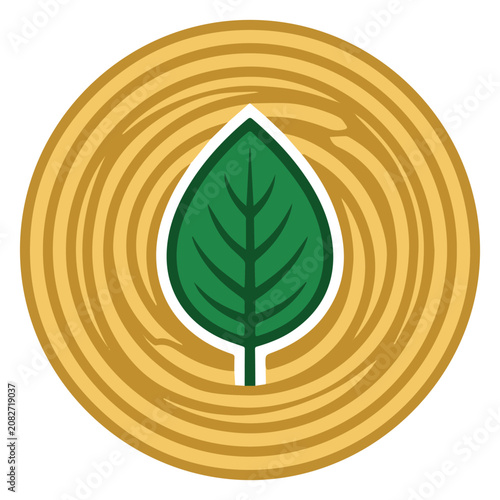 Eco friendly leaf logo on a wooden circle background, symbolizing sustainability and nature.