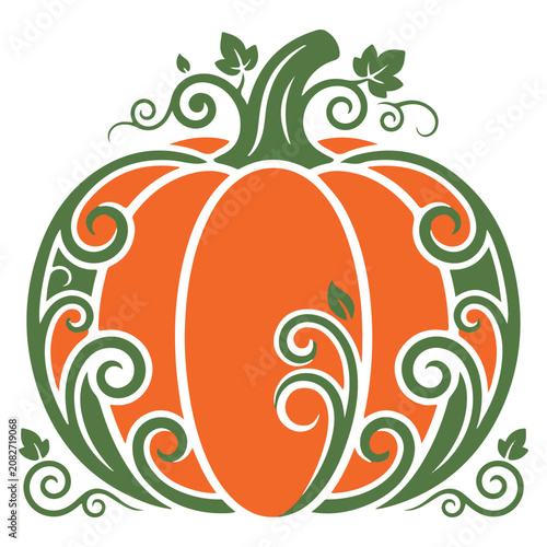 Vibrant orange pumpkin illustration with green vines and leaves, decorative fall symbol