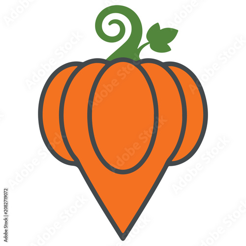 Vibrant orange pumpkin icon with green stem and curly leaf, illustration for fall or halloween