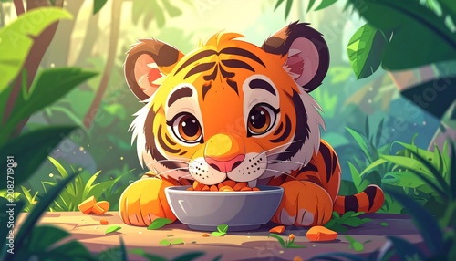 A cartoon tiger cub eating from bowl.