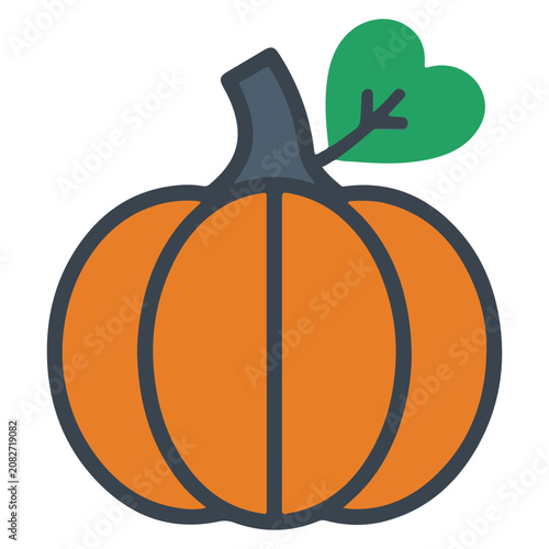 Vibrant orange pumpkin icon with green leaf, illustration for fall and halloween themes