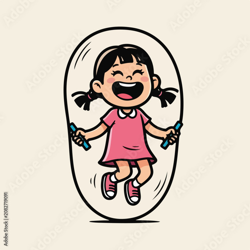Happy little girl jumping with skipping rope in cartoon style