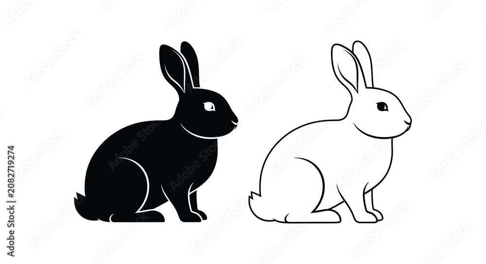 Fototapeta premium Two rabbit silhouettes in contrasting colors a black and a white outline silhouette