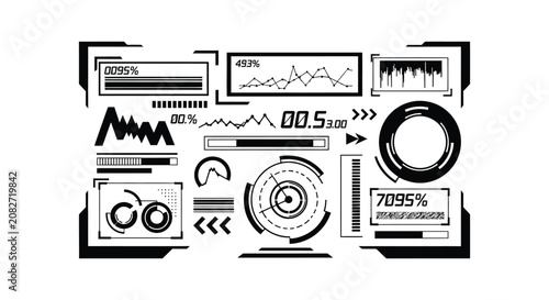 Futuristic user interface elements in black silhouette digital display graphic design