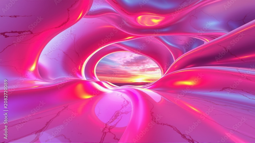 Fototapeta premium Abstract tunnel, vibrant pinks, blues. Light shines through distant opening, creating dramatic effect. Smooth curves dominate composition.