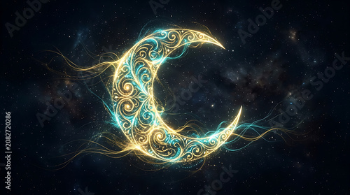 Glowing ornate crescent moon with intricate patterns in space crescent celestial filigree astronomy decorative ethereal shimmering mystical
