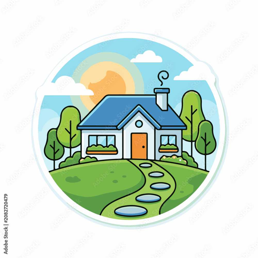 Naklejka premium Charming cartoon house on a green hill under a sunny sky