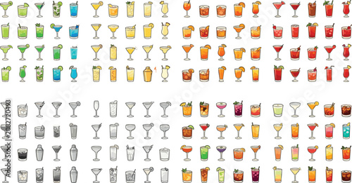 Foto Vector cartoon icons set of colorful alcoholic cocktails, tropical drinks, bar beverages, and outline glass illustrations