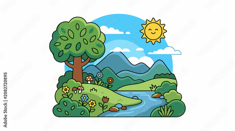 Fototapeta premium Cheerful cartoon landscape with a tree mountains river and sun