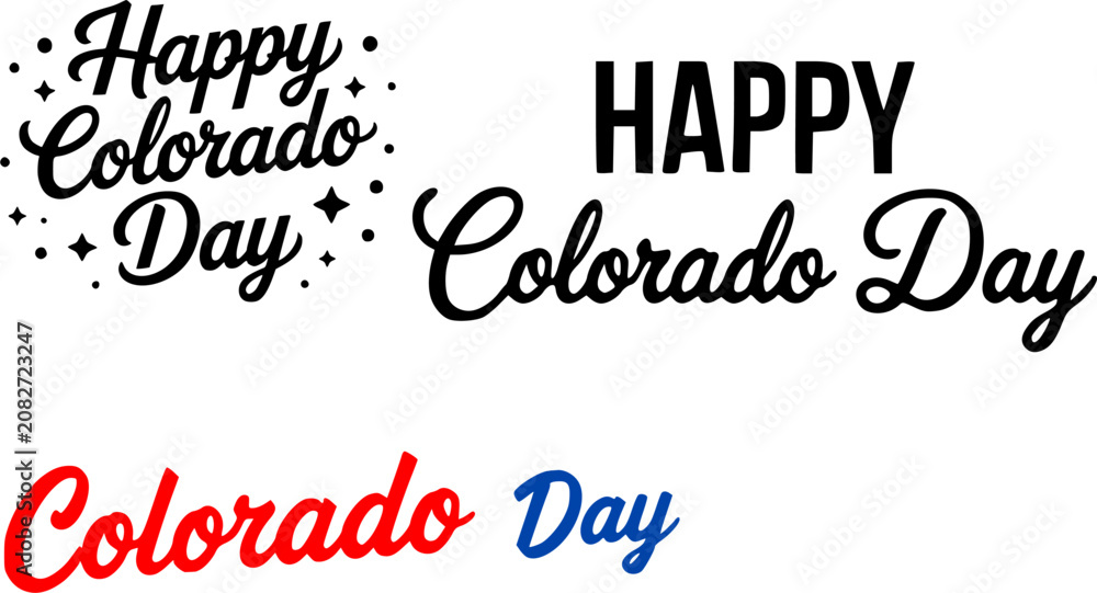 Fototapeta premium Happy Colorado Day vector typography design set featuring black, red, and blue script lettering templates with decorative sparkles isolated on a white background.