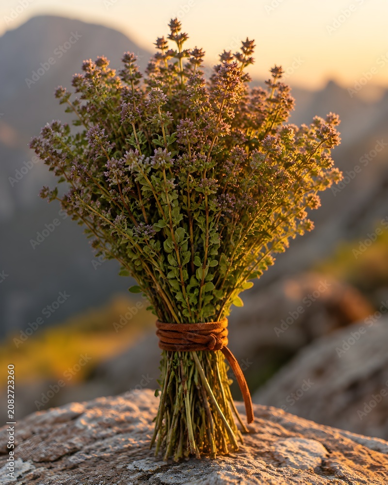 Fototapeta premium Bundle wild mountain oregano tied with leather cord straight on shot warm golden hour lighting