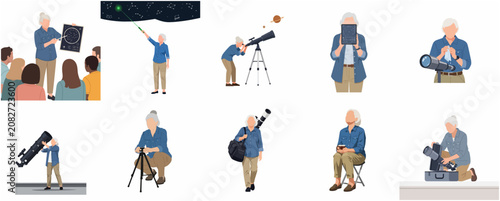 Elderly woman amateur astronomer flat illustration set, senior female character stargazing, using telescope, and teaching astronomy.