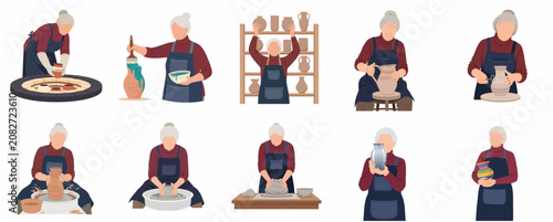 Set of flat vector illustrations of a senior woman artisan making pottery, kneading clay, using a potter's wheel, and glazing ceramic vases in a workshop
