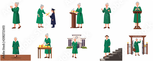 Elderly Woman Principal and School Teacher Character Set Illustration for Education and Graduation Concept