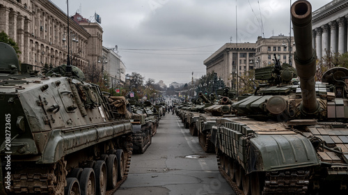 Armored Column on City Street: A formidable procession of military tanks and armored vehicles lines a solemn city street, under a grey, overcast sky.