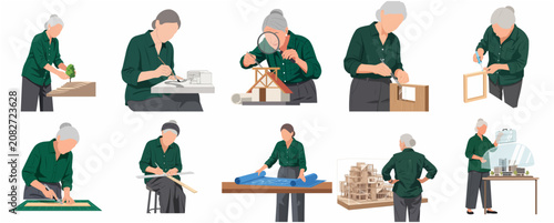 Set of senior woman architect and designer characters working on architectural models and blueprints, flat vector illustration isolated on white