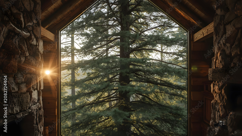 Fototapeta premium Cozy Cabin View: Sunlight Through Pine Forest Window in Rustic Lodge