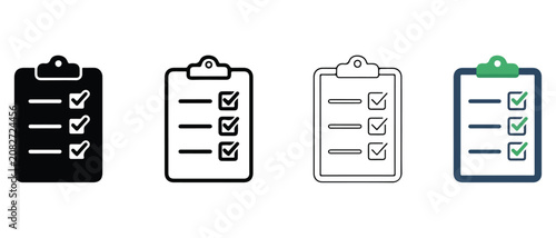 clipboard icons with checklists in various styles and colors for business and productivity concepts  office supplies and tasks management