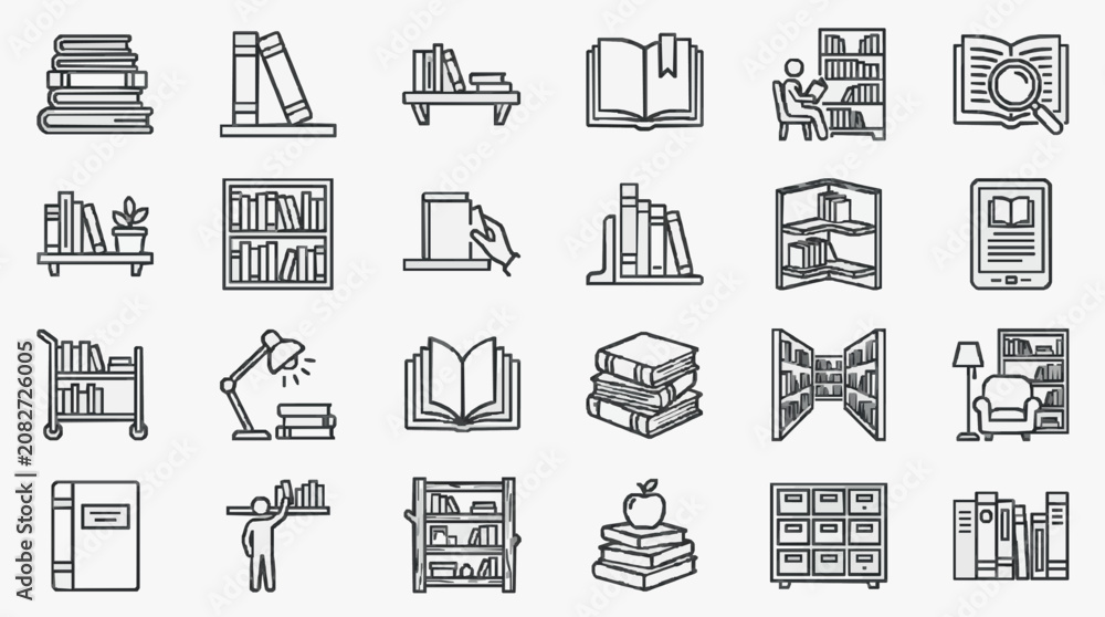 Fototapeta premium Professional Black and White Line Icons Set Featuring Books Libraries Reading and Study Themed Illustrations for Educational Projects