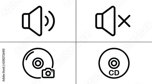 “Multimedia Audio Icons Set with Speaker, CD and Sound Control Vector Illustration”