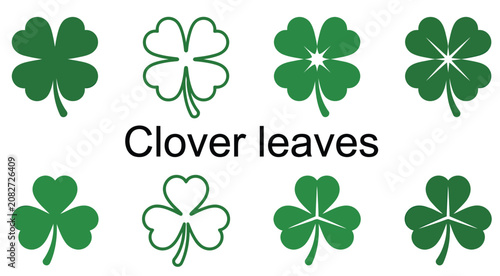 “Clover Leaves Icons Set with Three and Four Leaf Lucky Green Plant Vector Illustration”