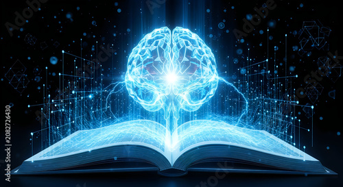 Mental health day illuminated brain emerging from open book conceptual art