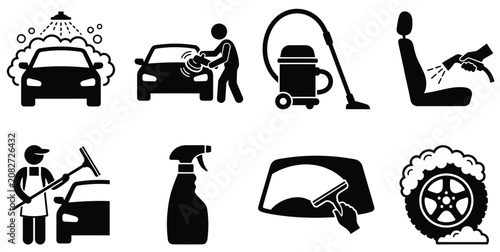 “Car Wash and Detailing Icons Set with Cleaning, Vacuuming and Polishing Tools Vector”