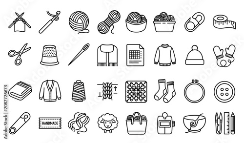 Knitting and Crochet Line Icon Set