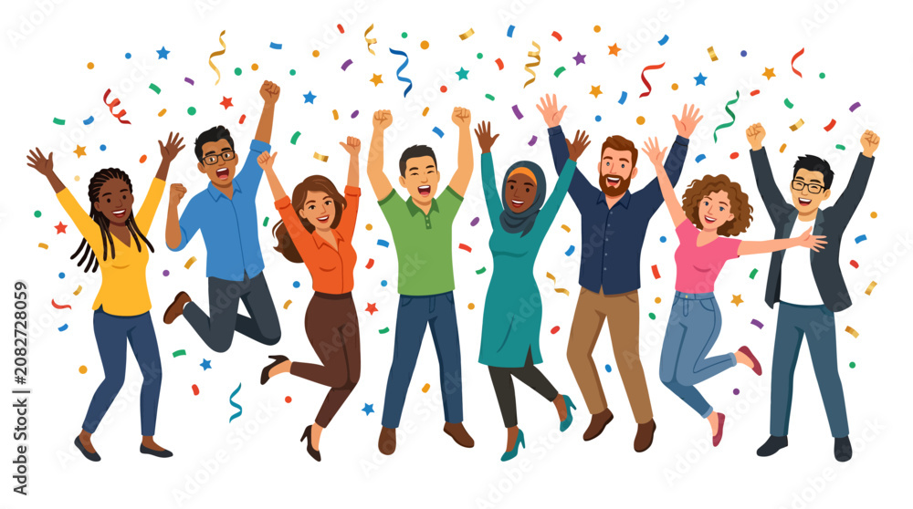 Obraz premium Diverse Group of Happy People Jumping and Celebrating with Confetti in Flat Style