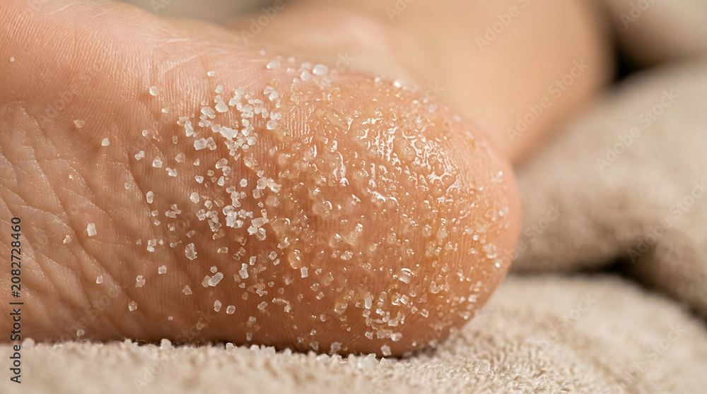 Fototapeta premium Closeup view of a foot with coarse salt crystals for a relaxing spa treatment highlighting beauty and wellness products perfect for creative projects related to selfcare and relaxation