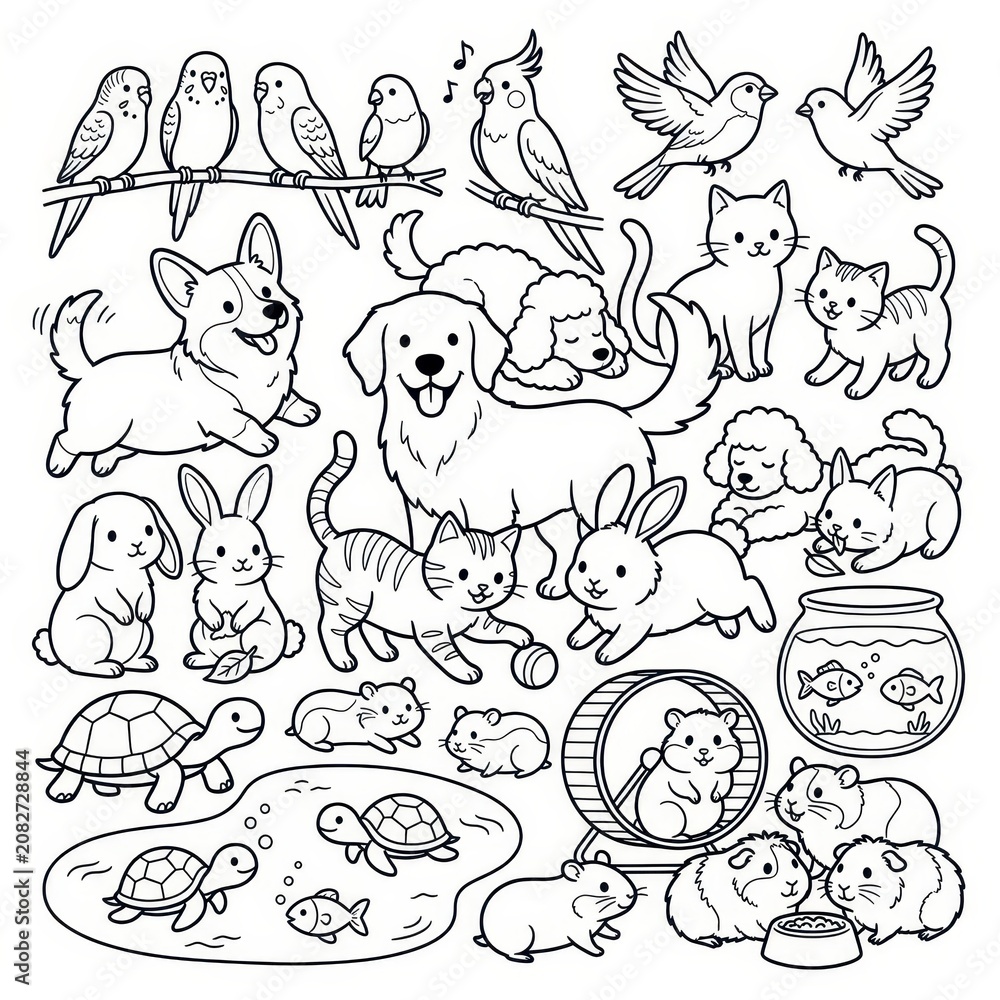 Obraz premium Cute cartoon pets animals collection outline drawing